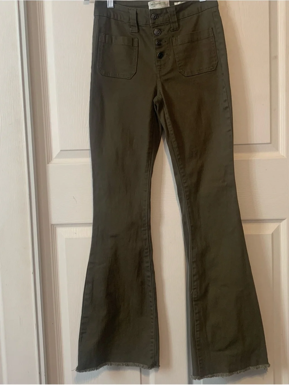 High-Rise Olive Flare Jeans with Button Front